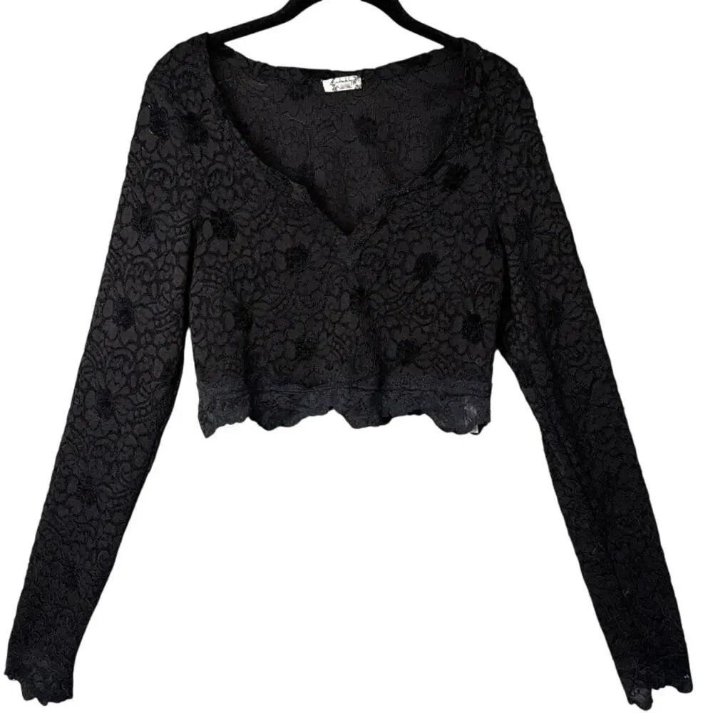 Intimately Free People Cloud Ride Floral Lace Crop Top Black SZ S Festival Boho